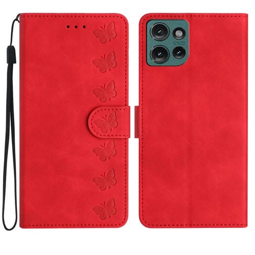 Funda de Cuero con Relieve Siete Mariposas para Motorola Edge 50 5G (Rojo)