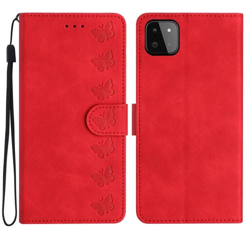 Caja de teléfono de cuero Samsung Galaxy A22 5G Seven Butterflies en relieve (Rojo)