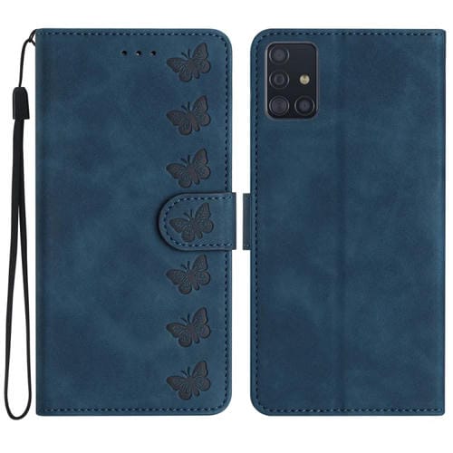 Caja de Teléfono para Samsung Galaxy A71 Seven Butterflies Cuero En Relieve (Azul)