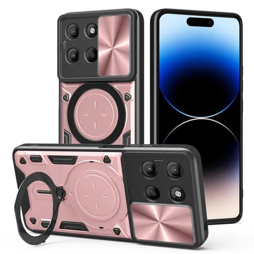 Funda para Teléfono Motorola Moto G15 con Soporte Magnético Deslizante y Textura de Cd (Rosa)