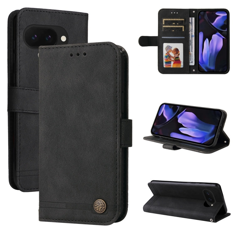Funda de Cuero con Botones de Metal y Diseño Árbol de la Vida para Google Pixel 9A (Negro)