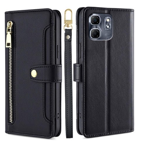 Funda de Cuero con Cremallera y Textura de Oveja para Infinix Hot 50I 4G (Negro)