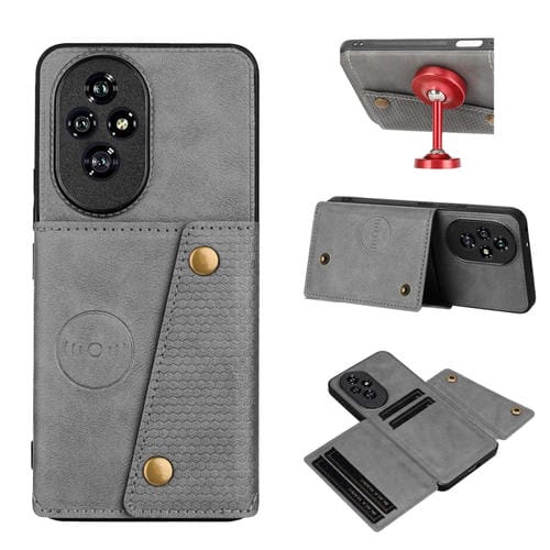 Funda Magnética para Honor 200 con Ranuras para Tarjetas y Doble Hebilla (Gris)