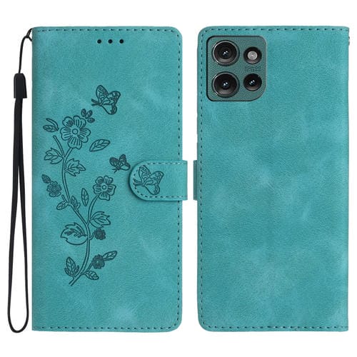 Funda de Cuero con Estampado de Flores y Mariposas para Motorola Edge 50 5G (Azul Cielo)
