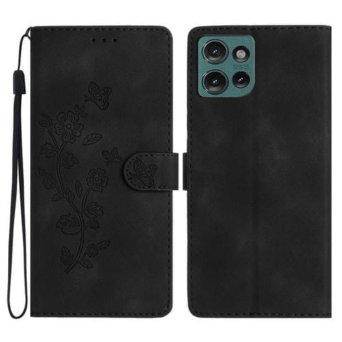 Funda de Cuero con Estampado de Flores y Mariposas para Motorola Edge 50 5G (Negro)