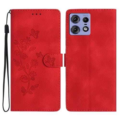Funda de Cuero para Motorola Edge 50 Pro con Estampado de Flores y Mariposas (Rojo)