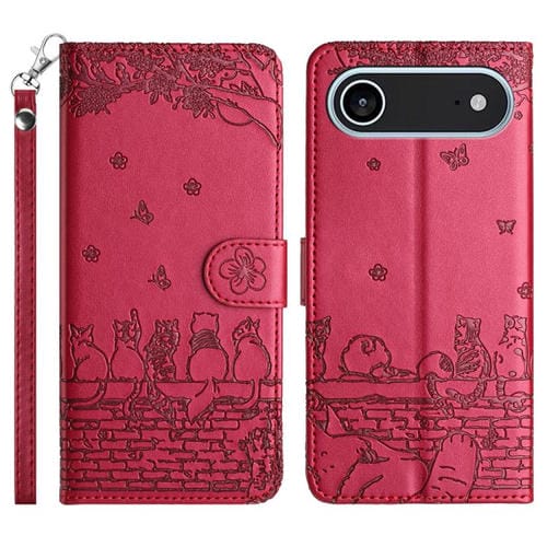 Funda de piel con estampado de gato en relieve para iPhone 17 Air con cordón (roja)