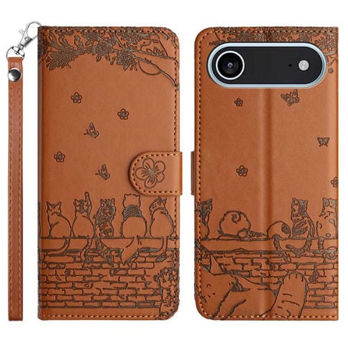 Funda de cuero con estampado de gato en relieve para iPhone 17 Air con cordón (marrón)