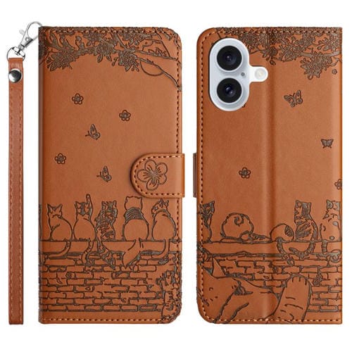 Funda de piel con estampado de gato y cordón para iPhone 17 (marrón)