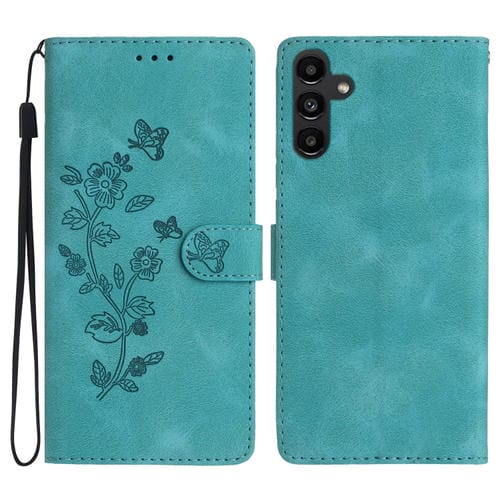 Funda para Teléfono Samsung Galaxy A35 5G Cuero Estampado Mariposa y Flor (Azul Cielo)
