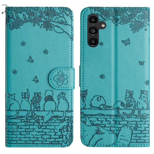 Funda de Cuero Samsung Galaxy A15 5G Estampado de Gato con Cordón (Azul)