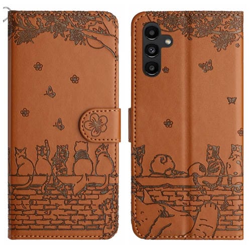 Funda de Cuero Samsung Galaxy A55 con Estampado de Gato y Cordón (Marrón)