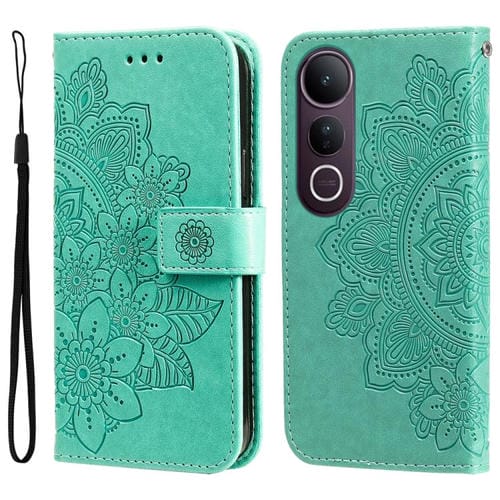 Funda de Cuero con Estampado de Flores de Siete Pétalos para Vivo V50 Lite 4G/5G (Verde)