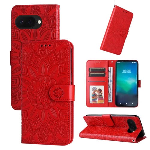 Funda de Piel para Google Pixel 9A con Estampado de Girasoles en Relieve (Rojo)