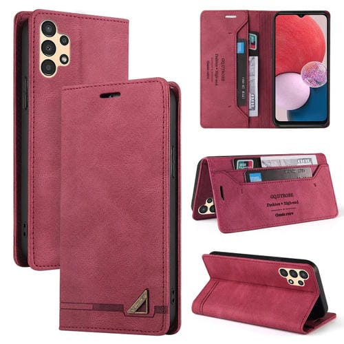 Funda de Cuero para Samsung Galaxy A13 4G Skin Feel con Tapa Horizontal Cepillo Antirrobo y Soporte (Rojo Vino)