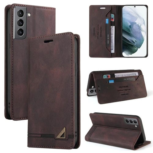Funda de Cuero para Samsung Galaxy S21 5G Skin Feel con Tapa Horizontal Cepillo Antirrobo y Soporte (Marrón)