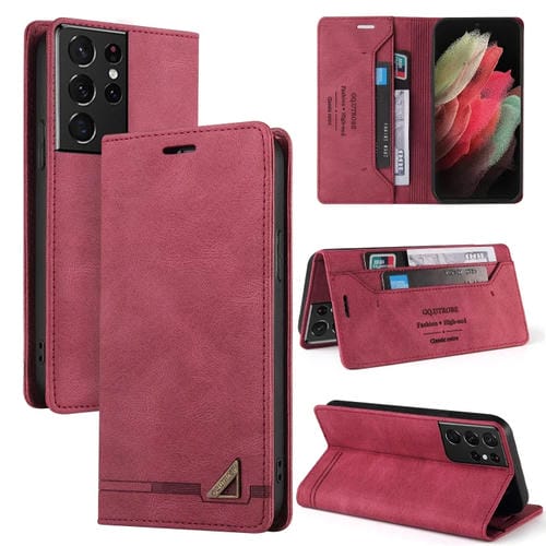 Funda de Cuero Samsung Galaxy S21 Ultra 5G Skin Feel con Tapa Horizontal Cepillo Antirrobo y Soporte (Rojo Vino)