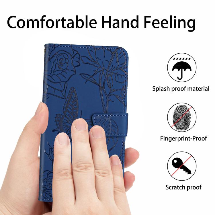 Funda de Cuero para OnePlus 13 con Relieve Peonía y Mariposa (Azul)