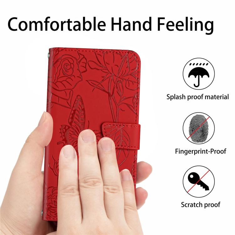 Funda de Cuero con Relieve Peonía y Mariposa para OnePlus 13R (Rojo)
