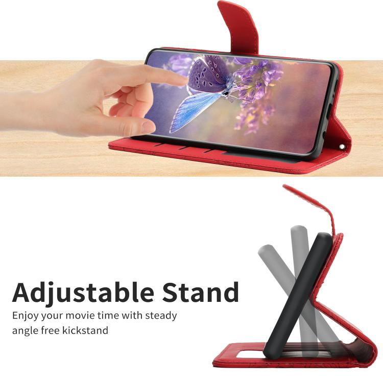 Funda de Cuero con Relieve Peonía y Mariposa para OnePlus 13R (Rojo)