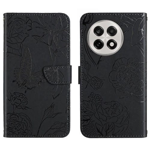 Funda de Cuero con Relieve Peonía y Mariposa para OnePlus 13R (Negro)