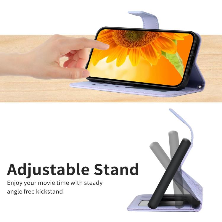 Funda de Piel con Relieve de Girasol y Cordón para OnePlus 13R (Morado)