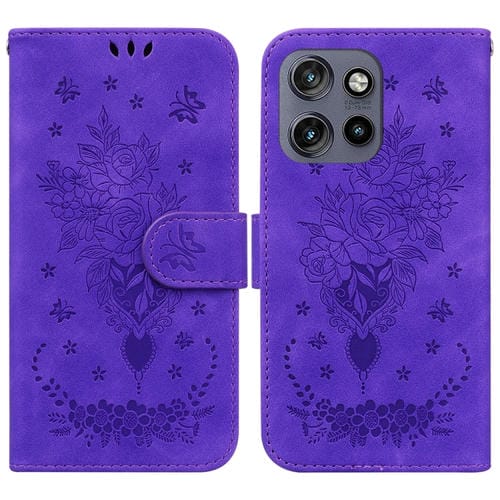 Funda de Cuero con Relieve Mariposa y Rosa para Motorola Edge 50 Neo 5G (Morado)