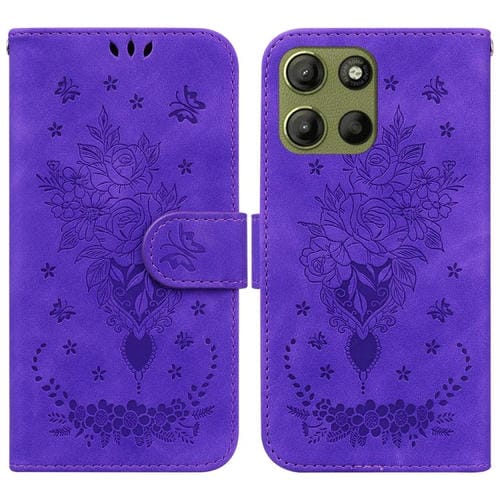 Funda de Cuero con Relieve Mariposa y Rosa para Motorola Moto G15 (Morado)