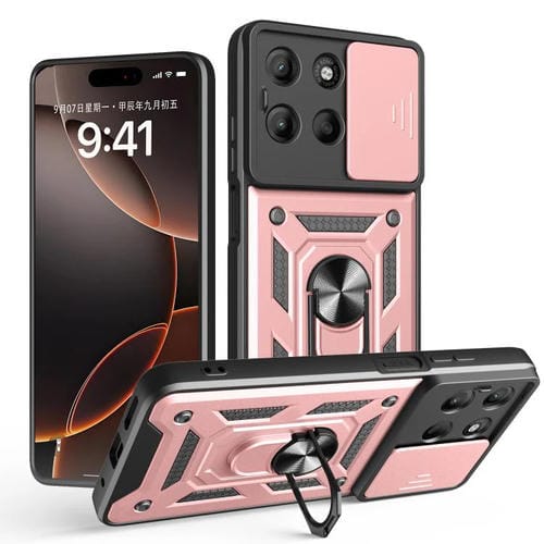 Funda híbrida TPU y PC con cubierta deslizante para cámara Motorola Moto G15 (Oro Rosa)