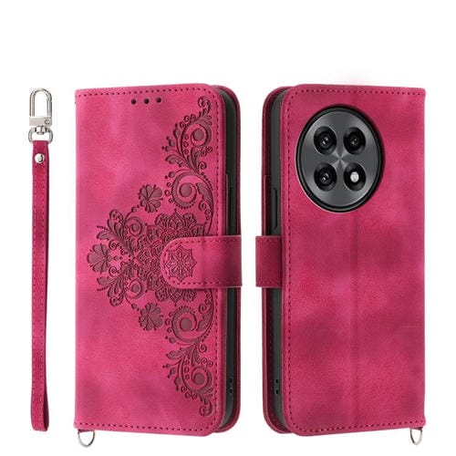 Funda de Cuero con Relieve de Flores para OnePlus 13R/Ace 5/Ace 5 Pro (Rojo Vino)