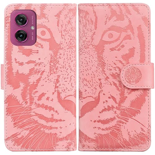 Funda de Cuero con Estampado de Tigre para Motorola Moto G55 (Rosa)