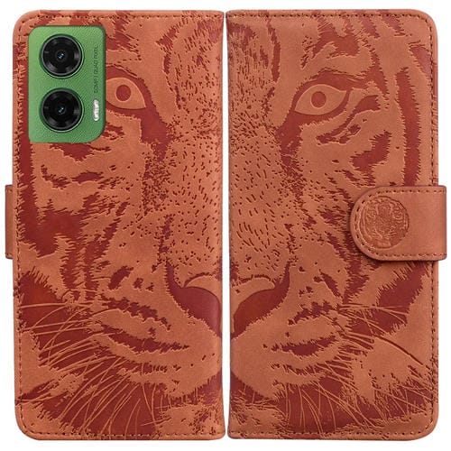 Funda de Cuero Motorola Moto G35 con Estampado de Tigre (Marrón)