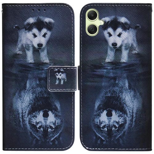Funda de Cuero con Tapa para Samsung Galaxy A05 con Dibujo Coloreado (Lobo y Perro)
