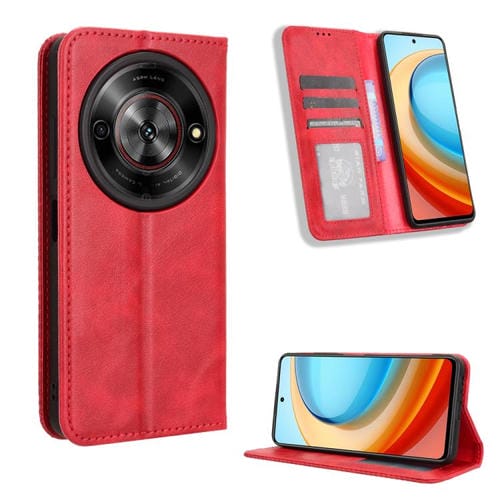 Funda de Cuero ZTE Blade A75 5G Textura Retro Hebilla Magnética (Roja)