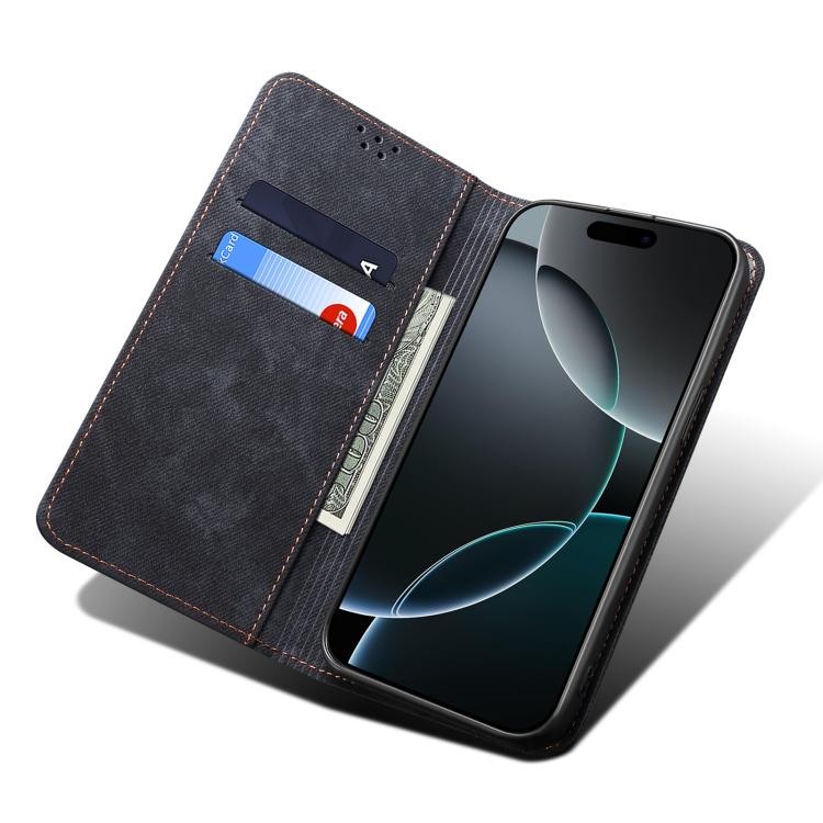 Funda de Cuero con Tapa Horizontal y Textura Vaquera para iPhone 16E (Negro)
