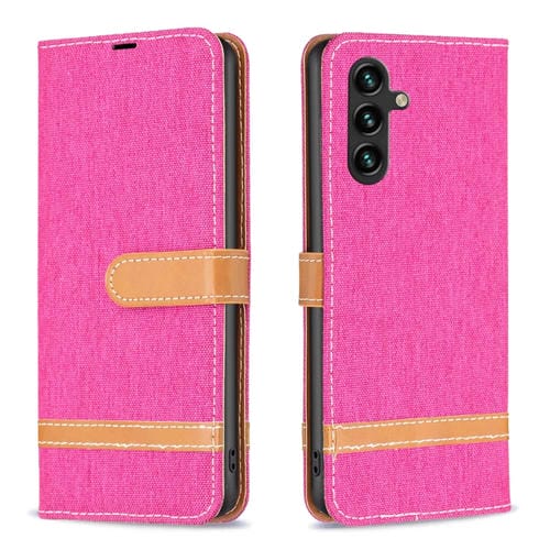Funda para Teléfono Samsung Galaxy A35 Cuero Textura Vaquera Bloques de Color (Rojo Rosa)