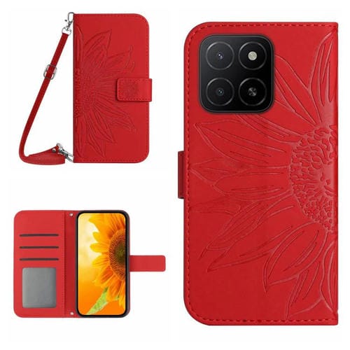 Funda de Cuero Honor X8C 4G con Diseño de Girasol y Cordón (Rojo)