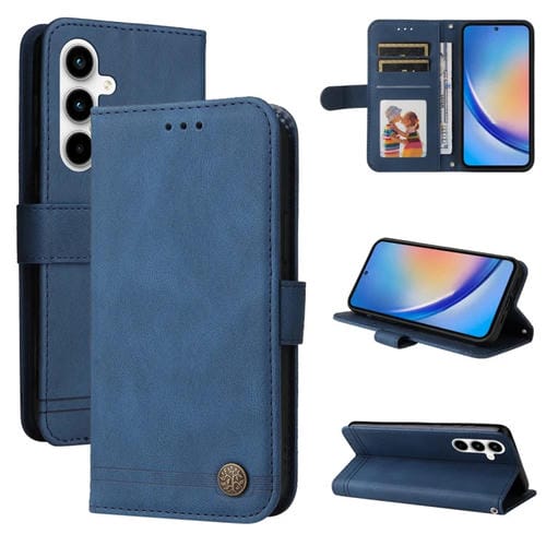 Funda de Cuero Skin Feel Life Tree para Samsung Galaxy A35 con Botón de Metal (Azul)