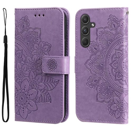 Funda de Cuero Samsung Galaxy A55 Estampado Flores 7 Pétalos (Púrpura Claro)