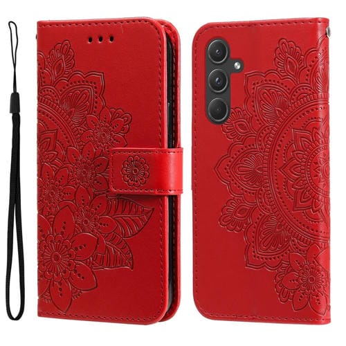 Funda de Cuero Samsung Galaxy A55 Estampado Flores 7 Pétalos (Rojo)