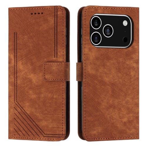 Funda de piel con estampado de rayas y cordón para iPhone 17 Pro (marrón)