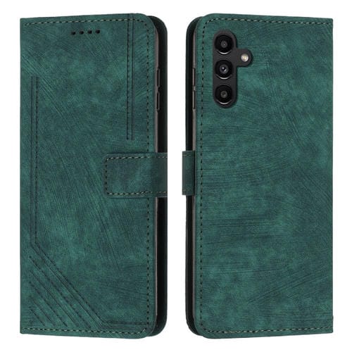 Funda de Cuero Samsung Galaxy A05S Skin Feel con Patrón de Rayas y Cordón (Verde)