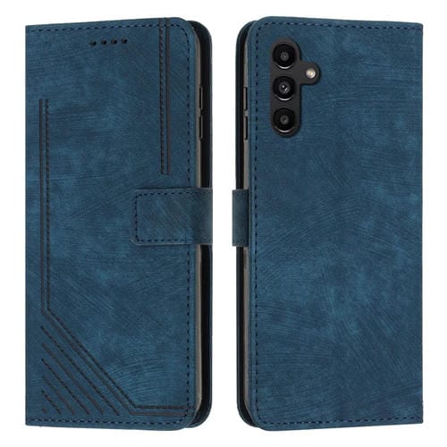 Funda de Cuero Samsung Galaxy A55 Skin Feel con Patrón de Rayas y Cordón Largo (Azul)