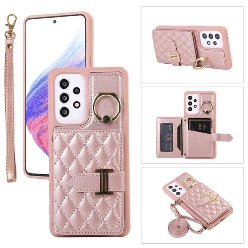 Funda para Samsung Galaxy A52 5G Horizontal Card Bag Ring Holder con Doble Cordón (Oro Rosa)