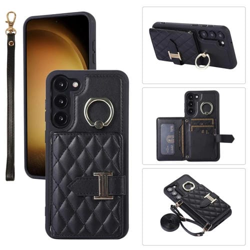 Funda para Teléfono Samsung Galaxy S21 FE 5G Horizontal Card Bag Ring Holder con Doble Cordón (Negro)