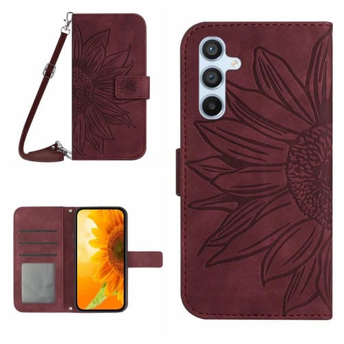 Funda de Cuero Samsung Galaxy A35 5G Skin Feel Sun Flower con Tapa en Relieve y Cordón (Rojo Vino)
