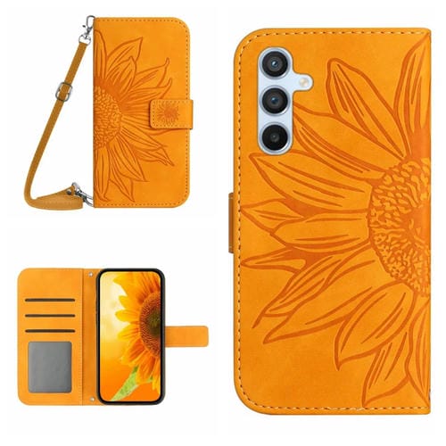 Funda de Cuero Samsung Galaxy A35 5G Skin Feel Sun Flower con Tapa En Relieve y Cordón (Amarillo)