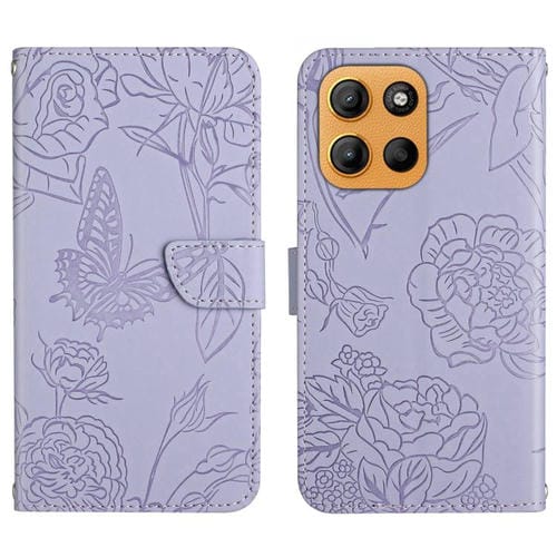 Funda de Cuero con Tapa y Mariposas en Relieve para Motorola Moto G Stylus 5G 2025 (Morado)