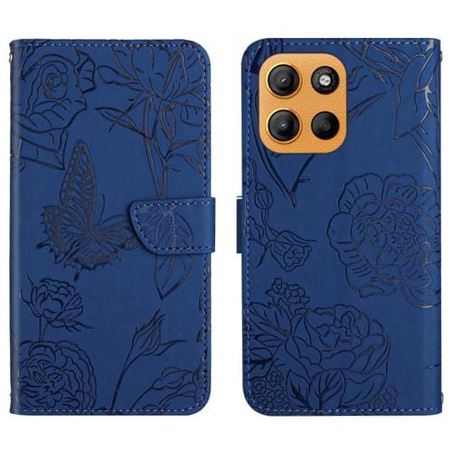 Funda de Cuero con Tapa y Mariposas en Relieve para Motorola Moto G Stylus 5G 2025 (Azul)