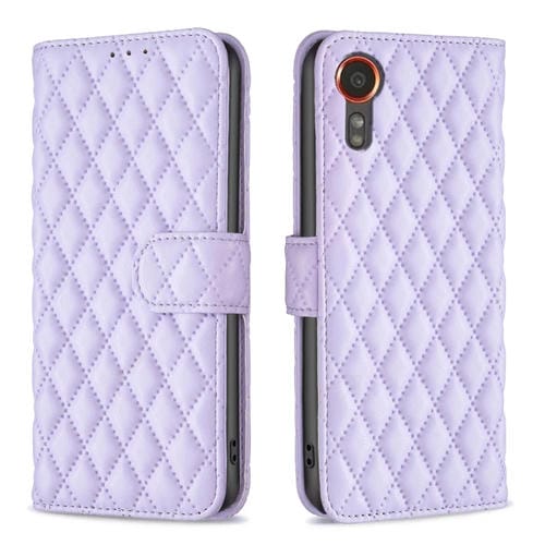 Funda para Samsung Galaxy Xcover 7 Wallet de Cuero con Tapa y Diseño Diamond Lattice (Púrpura)